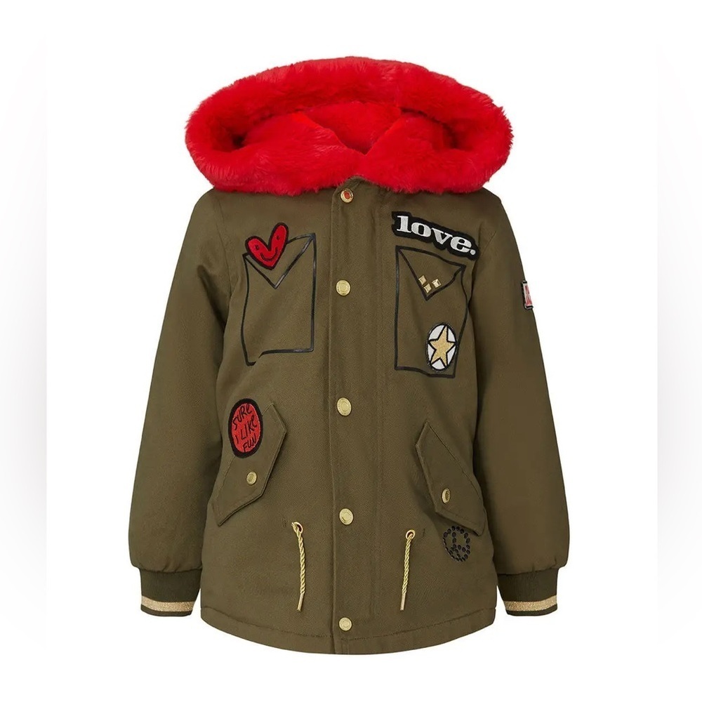 Little Marc Jacobs girls olive green & red faux fur lined winter parka patches